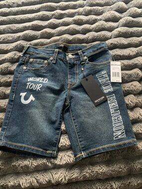 True Religion Blue Denim 'World Tour' Logo Shorts